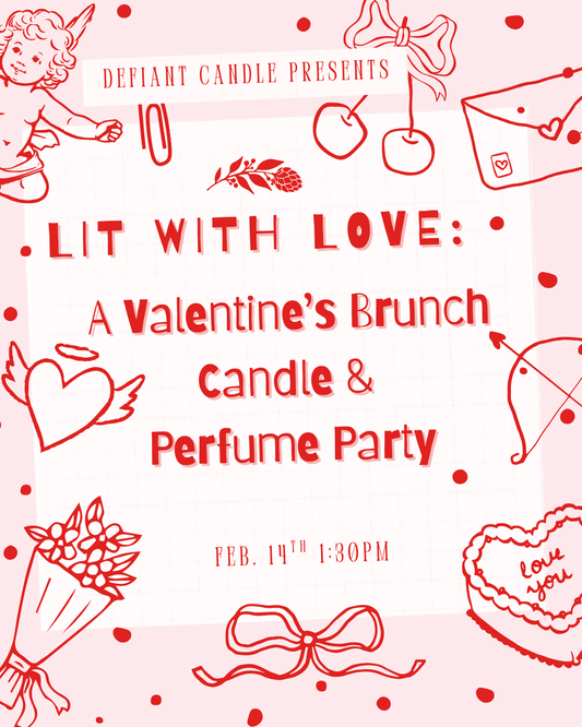 Promotional flyer for a Valentine's Brunch Candle & Perfume Party with red text and illustrations on a pink background.